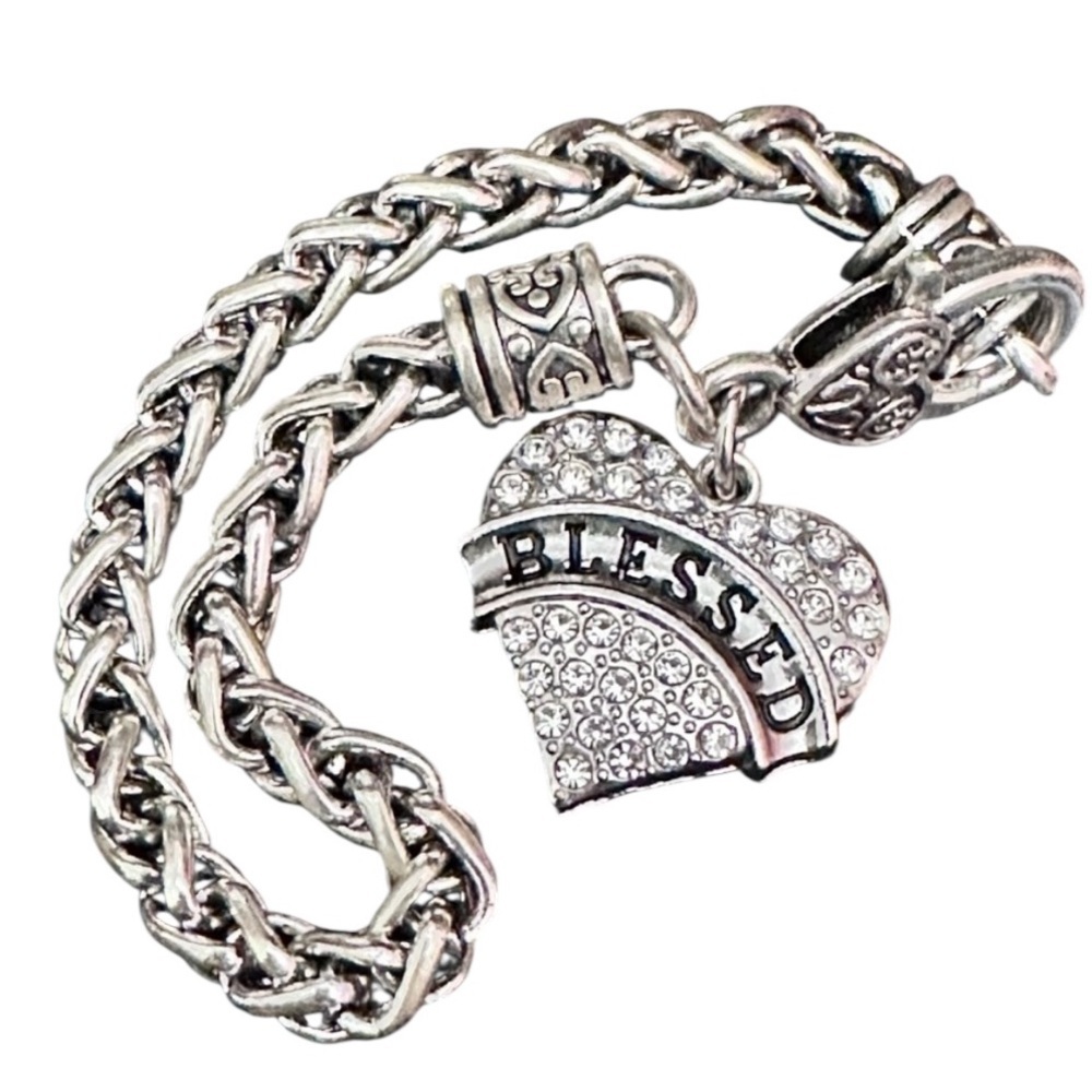 Silver Plated Heart Bracelet Engraved Blessed Charm Dangle Braided Rope Chain